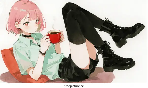 A young girl with pink hair sitting on a red cushion holding a red cup