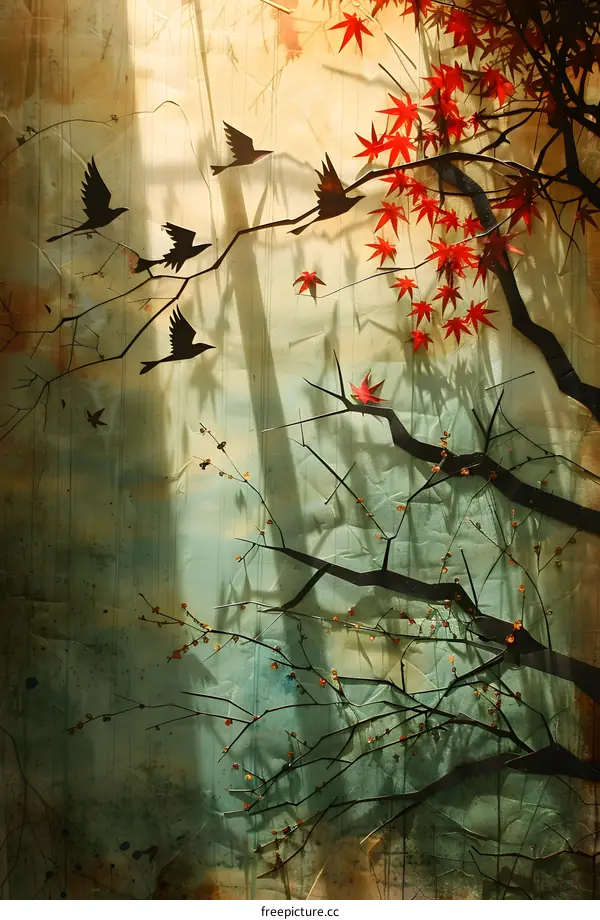 Birds flying over a tree with red leaves