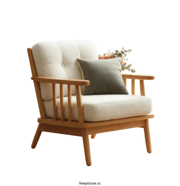 [Transparent Background PNG]Modern Wooden Armchair with Light Beige Fabric