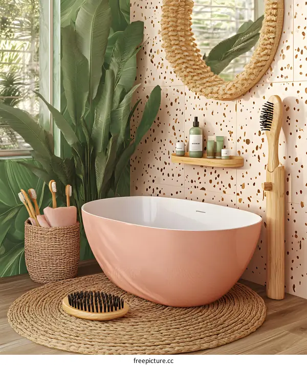 Pink Bathtub In Modern Bathroom With Tropical Plants