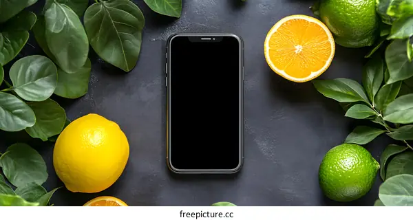 Modern Black Smartphone with Citrus Fruits and Green Leaves
