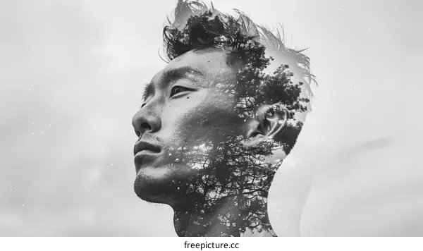 Black and white portrait of a young Asian man with a double exposure of a tree