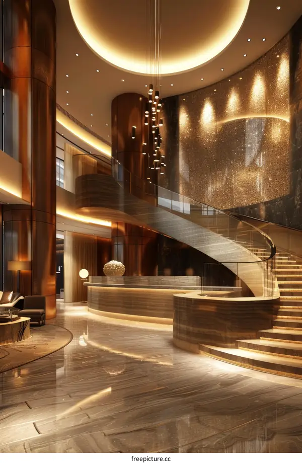 Luxurious Hotel Lobby Interior With Grand Staircase and Chandeliers