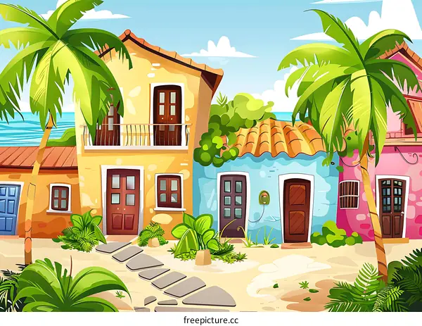 Colorful Cartoon Illustration of Houses in a Tropical Village