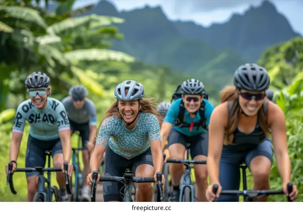 A group of cyclists ride through a lush green landscape