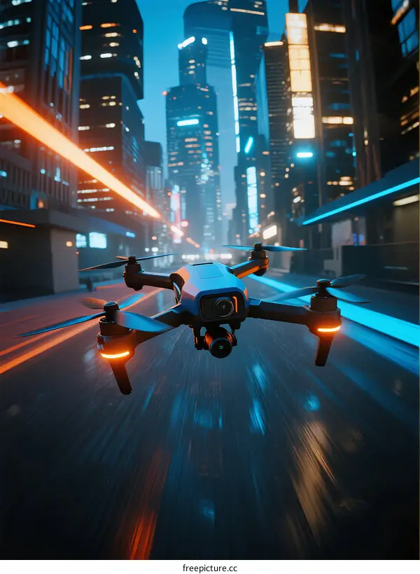 Drone flying at night through futuristic city with illuminated buildings