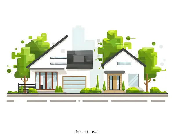 Modern Houses with Green Trees and City Skyline in Background Illustration