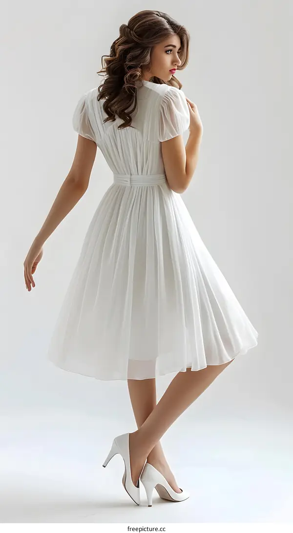 A woman wearing a white dress