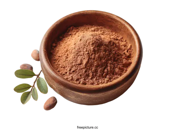 [Transparent Background PNG]Cocoa Powder in Wooden Bowl with Cocoa Beans and Leaves