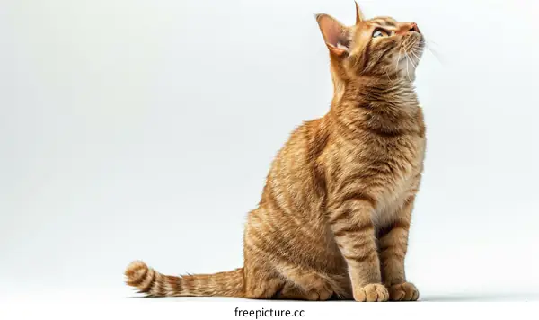 A ginger cat is sitting on a white table looking up