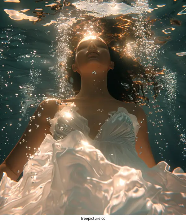 Woman in White Dress Floating Underwater