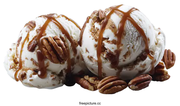 [Transparent Background PNG]Delicious Pecan Ice Cream Scoops with Caramel Sauce