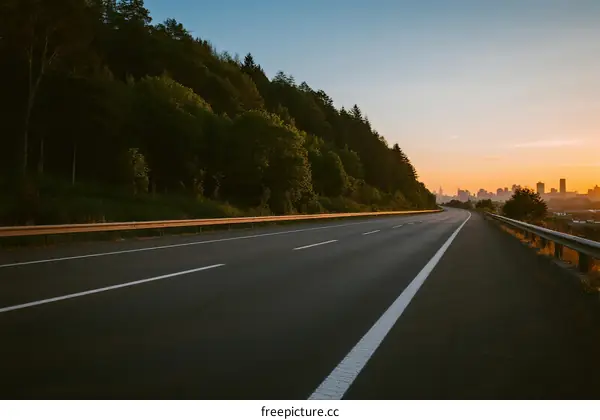 Scenic highway at sunset with trees on one side