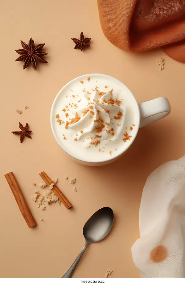 Overhead View of Latte with Whipped Cream and Cinnamon