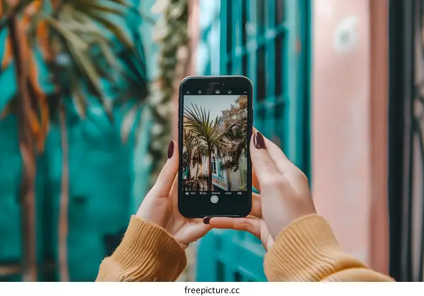 Woman Taking Photo of Palm Tree on Phone in City
