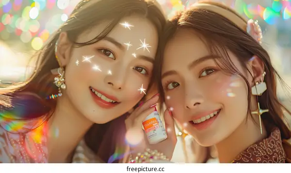 Two Asian women with sparkling faces and colorful backgrounds