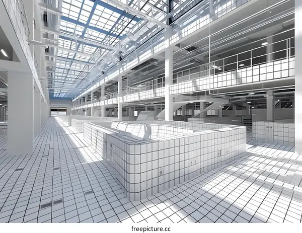 Modern Architecture Interior with Glass Roof and White Tiled Floor