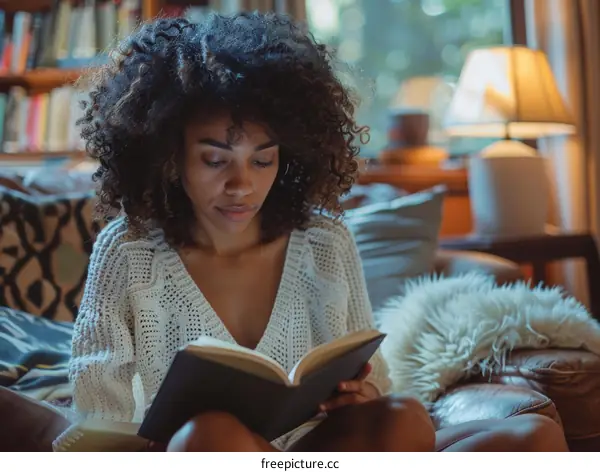 A young woman is reading a book in the living room
