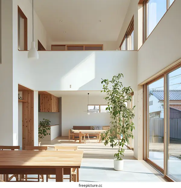 Modern Minimalist Home Interior Design with Wooden Elements and Large Windows