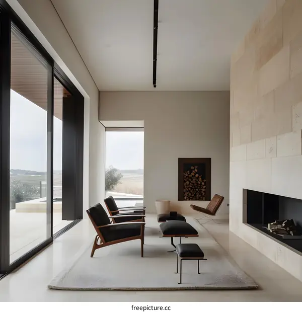 Modern Minimalist Living Room Interior Design with Fireplace and Large Windows