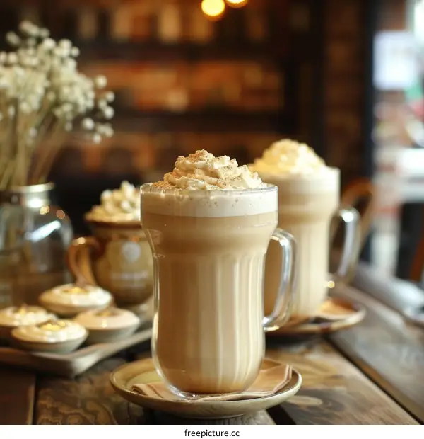 Two Glasses of Coffee with Whipped Cream on a Wooden Table