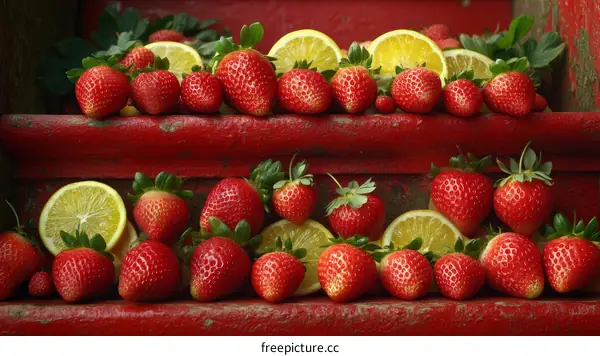 Fresh Strawberries and Lemon Slices on Red Wooden Steps