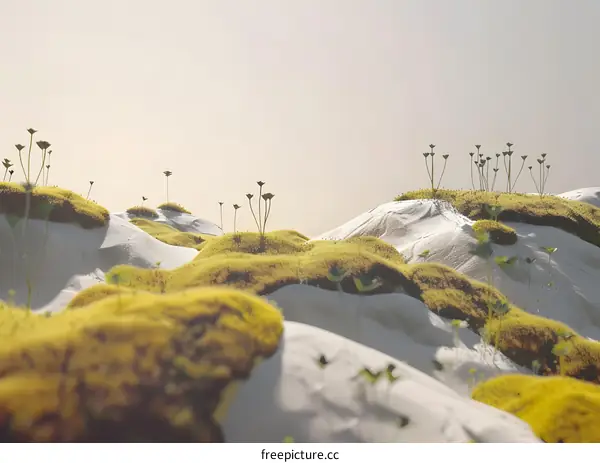 Abstract 3D Illustration Of Green Moss On White Hills