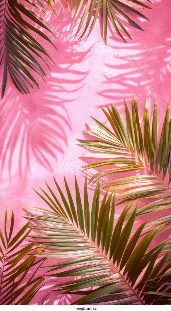 pink background with palm leaves