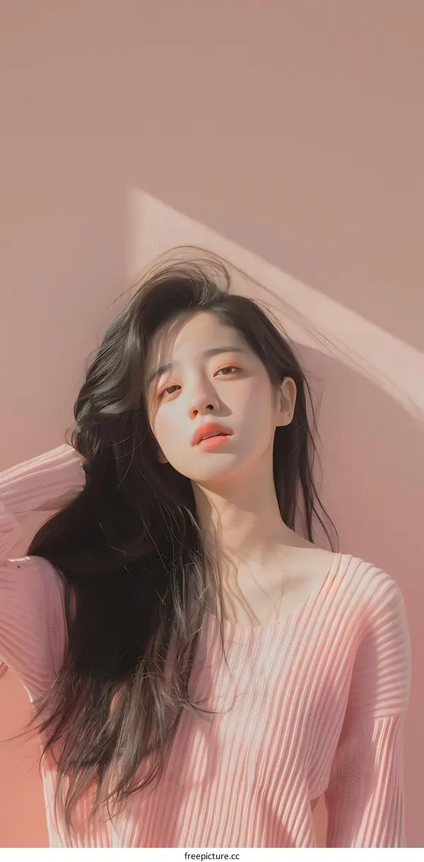 Portrait of Asian Woman with Pink Sweater in Pink Background