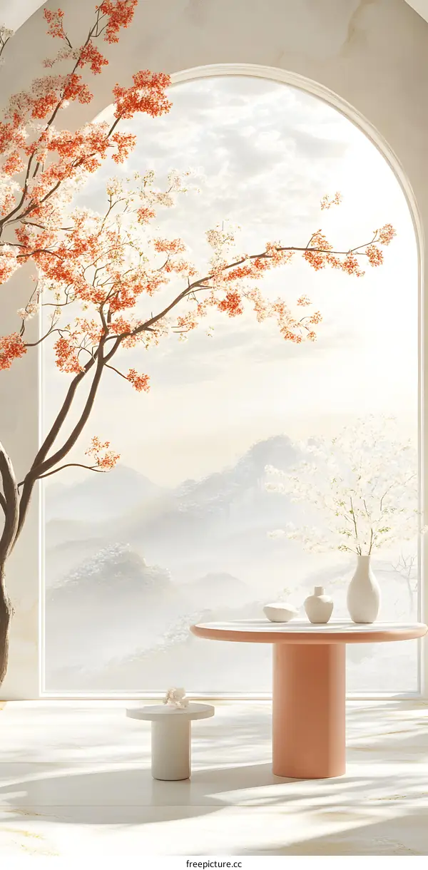 Minimalist Interior Design With Cherry Blossom Tree And Mountain View