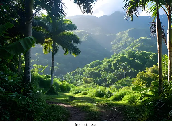 Sunlit path through a lush green jungle