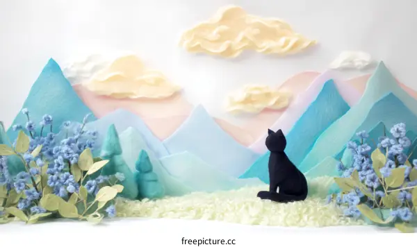 Pastel Mountains and a Black Cat Illustration