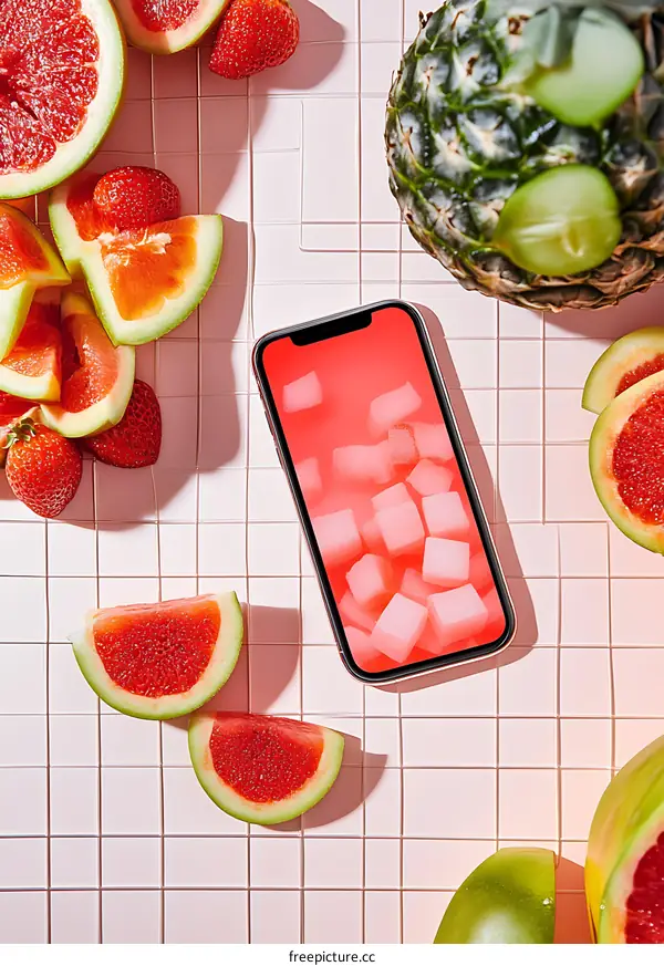Flat Lay of Fresh Fruits and Smartphone on Pink Tiles