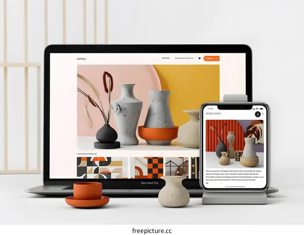 Modern Home Decor Vases With Laptop and Smartphone Mockup