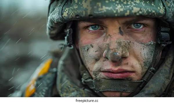 Portrait of a soldier with blue eyes and a camouflage helmet.