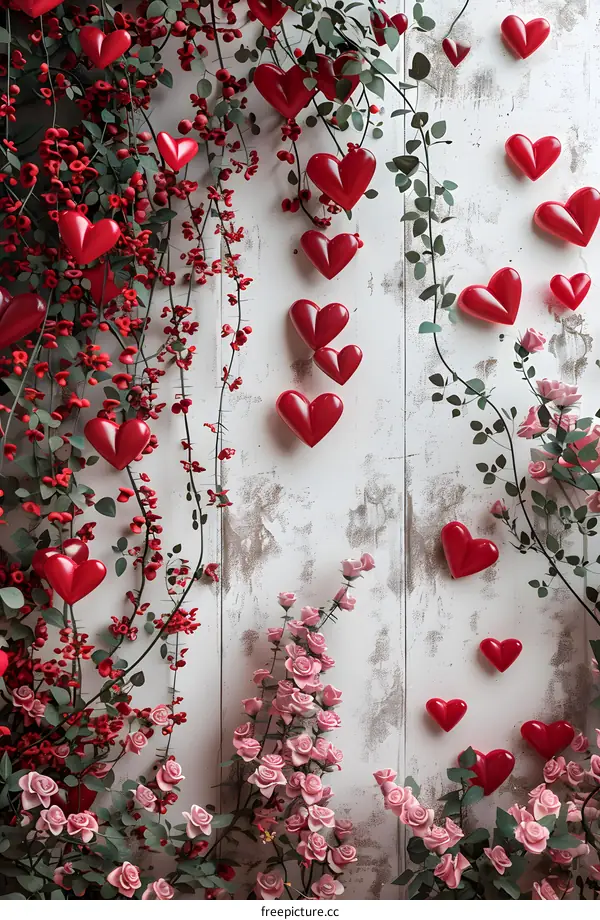 Red heart-shaped ornaments and roses hang on a whitewashed brick wall.