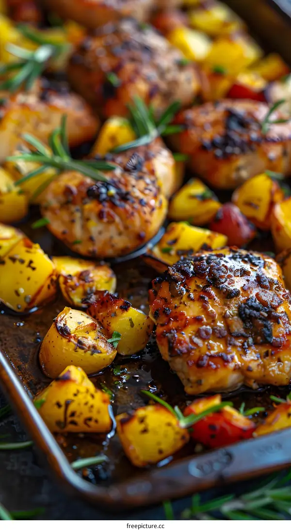 A sheet pan meal of chicken thighs and potatoes