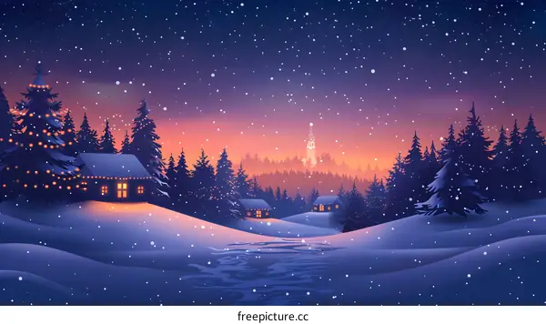 Snowy Village in the Winter Night