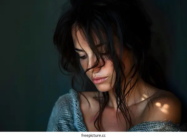 Portrait of a young woman with freckles and dark hair