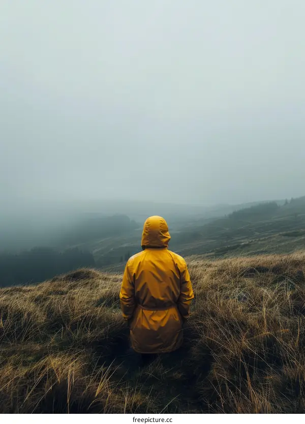 Man in yellow raincoat standing alone in a foggy field