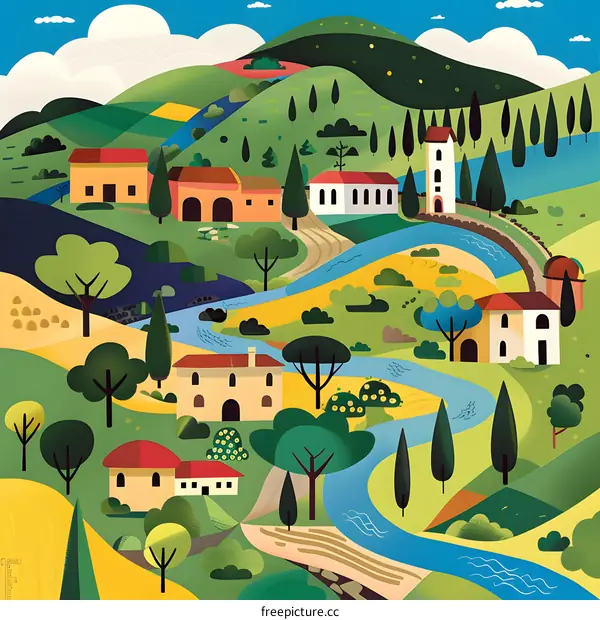 Colorful Illustration of a Village in the Hills