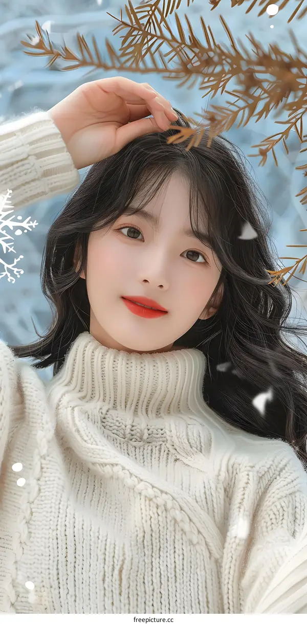 Beautiful Young Asian Woman Wearing White Knit Sweater