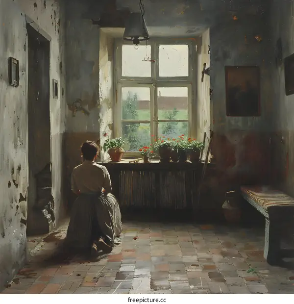 A woman is kneeling and praying in a room with a window