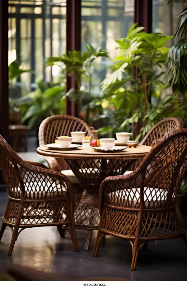 Round Table with Wicker Chairs in a Stylish Living Room