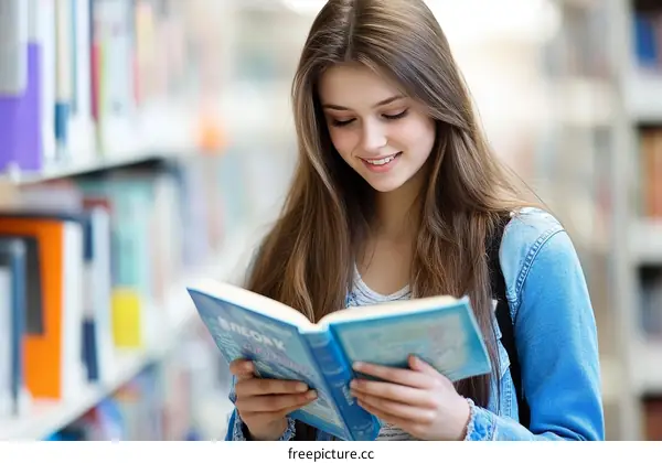 Young Woman Reading in a Library