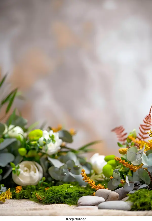 Floral Arrangement with Greenery and Stones