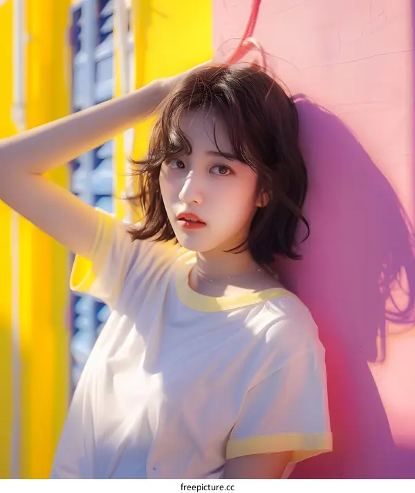 Beautiful Asian Woman with Short Hair Posing in Front of a Colorful Wall