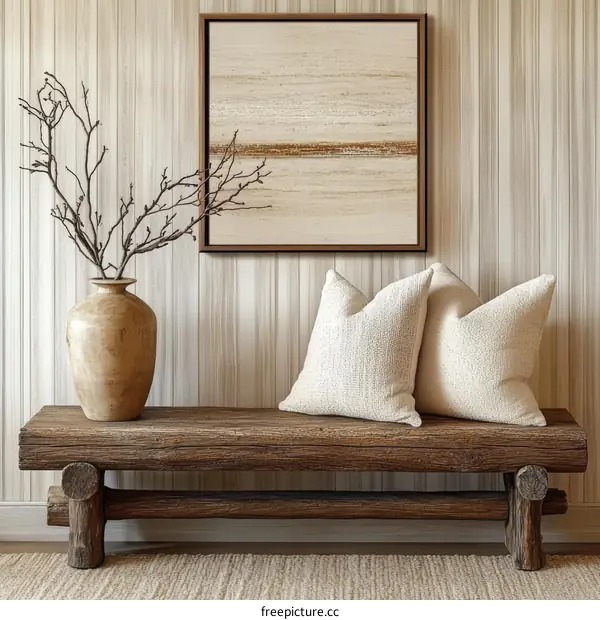 Rustic Entryway Bench with Abstract Art