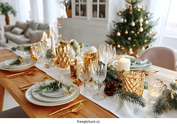 Christmas Festive Table Setting with Gold Accents