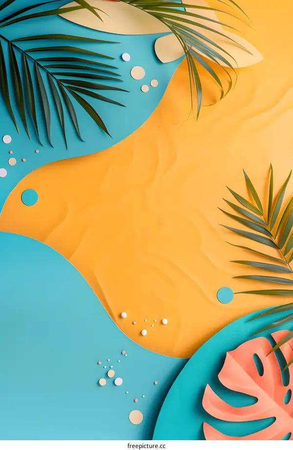 Tropical Summer  Background with Palm Leaf and Orange, Blue, Yellow Colors